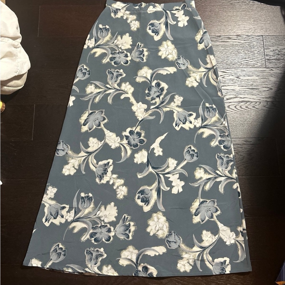 long blue floral skirt